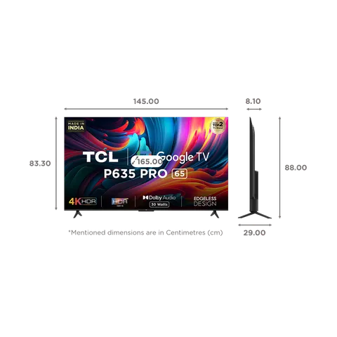 TCL 164 cm (65 inches) Bezel-Less Full Screen Series Ultra HD 4K Smart LED Google TV 65P635 Pro (Black)