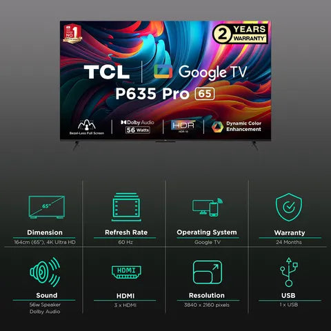 TCL 164 cm (65 inches) Bezel-Less Full Screen Series Ultra HD 4K Smart LED Google TV 65P635 Pro (Black)