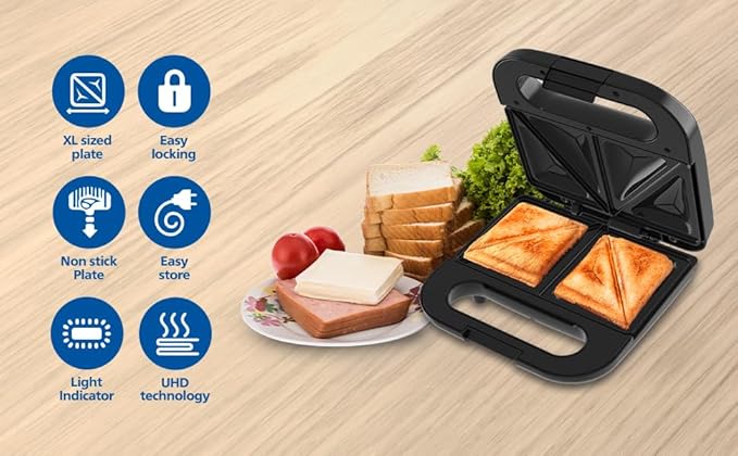 Philips HD1000/00 XL Sandwich Maker | 800W | Non-Stick Coated Plates | UHD Technology | Easy Locking | Black with Metallic Finish