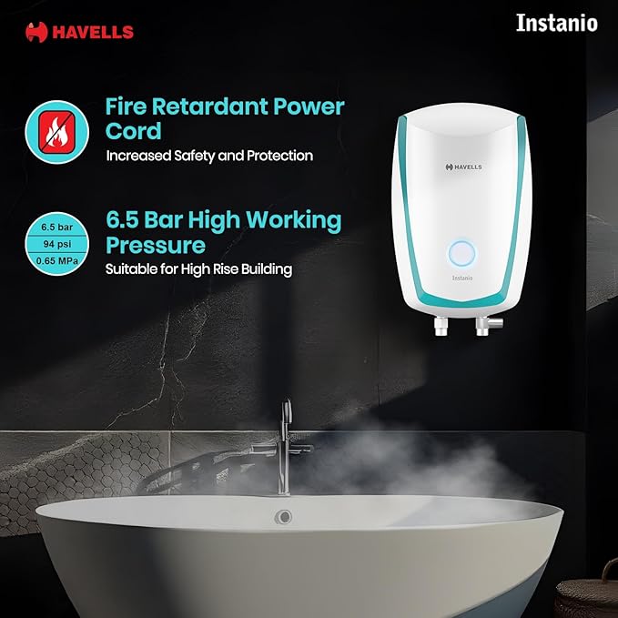 Havells Instanio 3 Litre Instant Water Heater | Color Changing LED Indicator, Rust & Shook Proof | SS Tank, ISI Certified, | (White Blue)