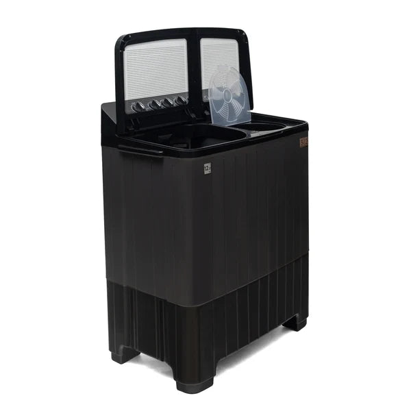 Midea MWMSA120GDX 12 Kg Semi-Automatic Twin Tub Washing Machine | Dual Wave Pulsator, Glass Lid, Black/Grey