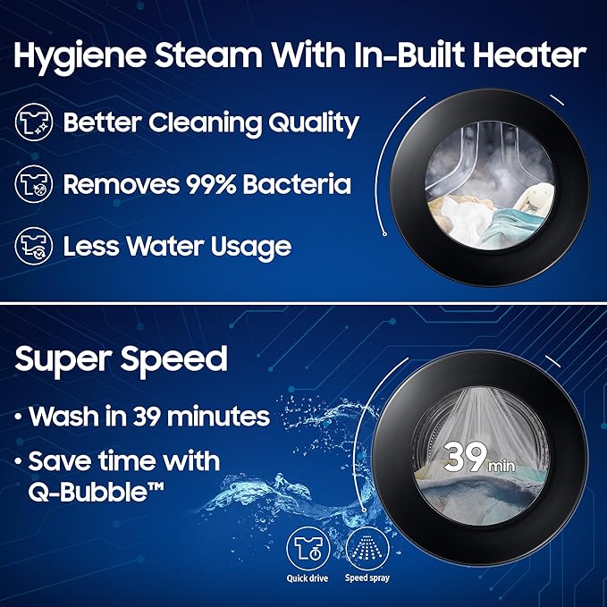 Samsung 12 kg (Wash) / 7 kg (Dry), 5 Star, AI EcoBubble, AI Energy Mode, Air Wash, Super Speed, Hygiene Steam, Wi-Fi, Digital Inverter, Fully-Automatic Front Load Washer Dryer (WD12FG5B34BBTL, Black)