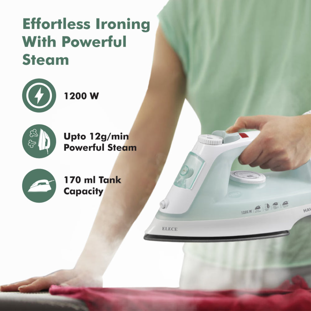 Havells Elece 1200W Steam Iron: 170ml Tank, Self-Clean, Vertical Steaming (Pista Green)
