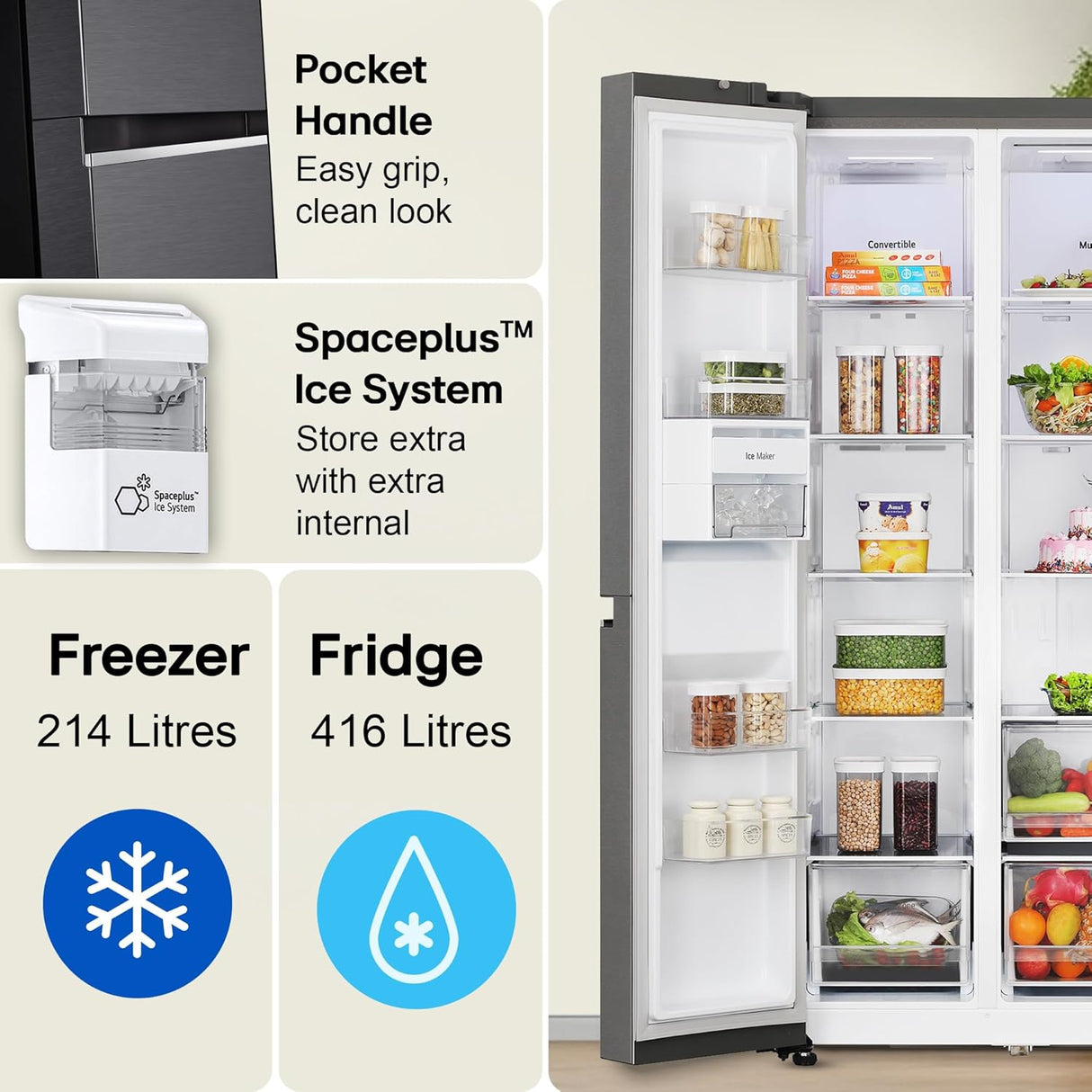 LG 630 L 3 Star Frost Free Side-by-Side Refrigerator with Door Cooling+, Hygiene Fresh+, Smart Inverter & Wi-Fi (GL-L257CMC3, Matt Black, Ice & Water Dispenser)