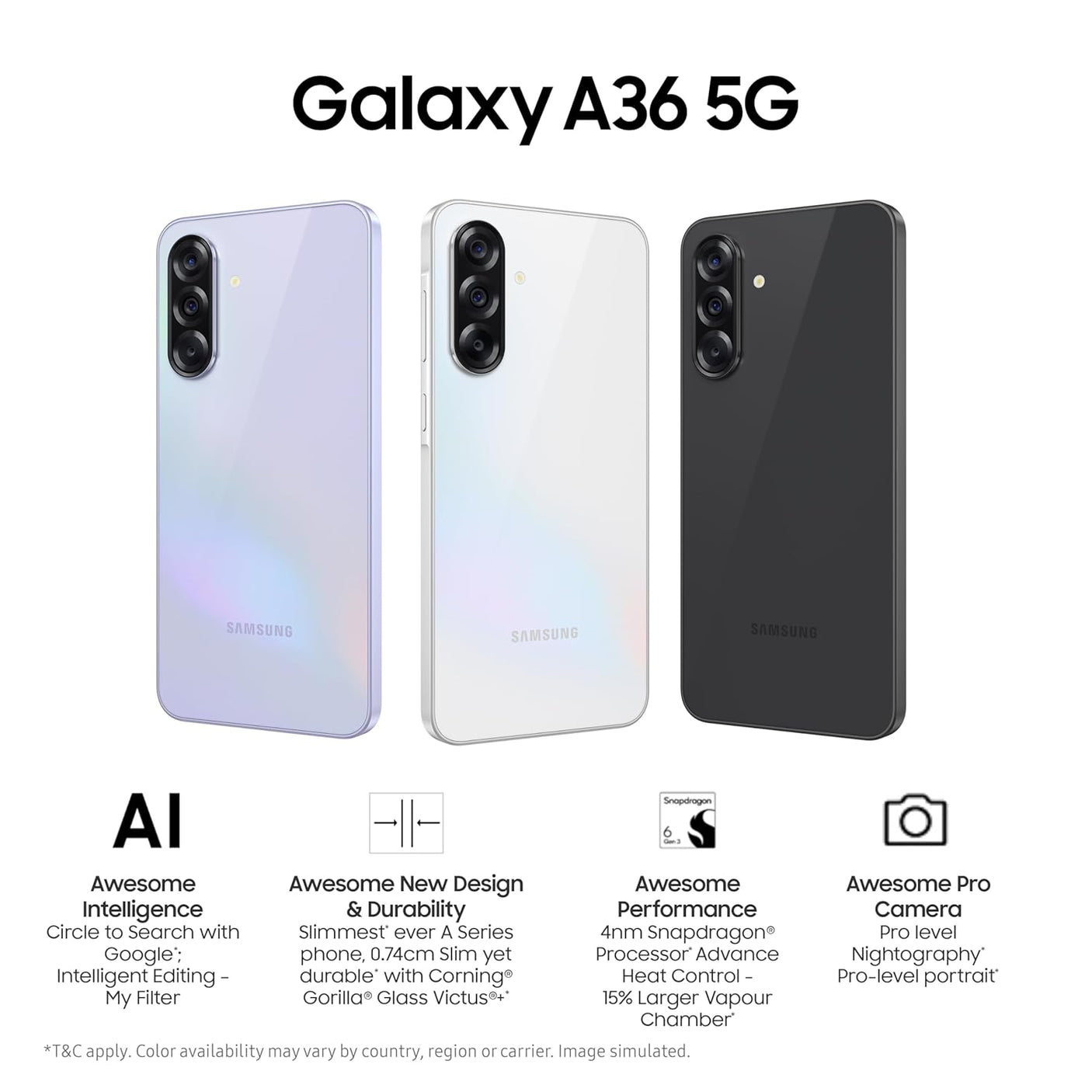 Samsung Galaxy A36 5G (Awesome Lavender, 8GB, 256GB) | Awesome Intelligence: Circle to Search, Intelligent Editing | Awesome 4nm Snapdragon Processor