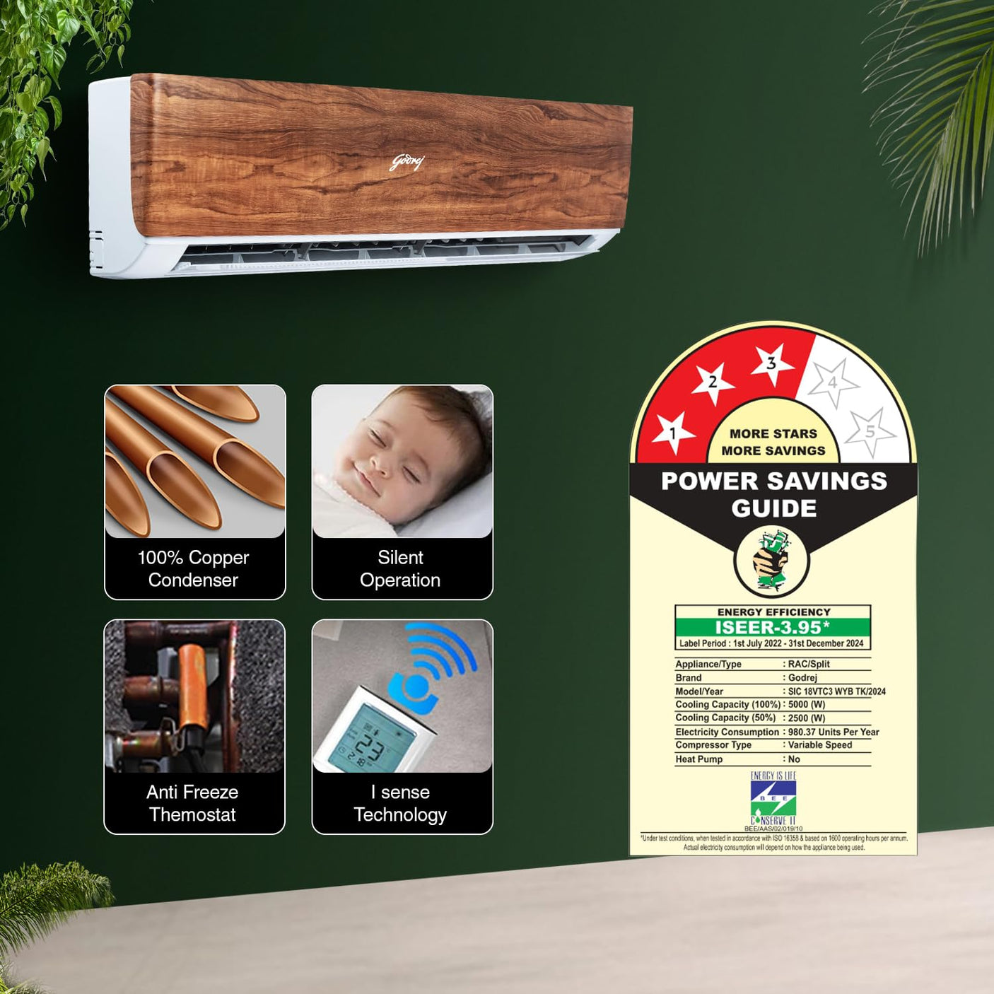 Godrej 1.5 Ton 3 Star, 5 Years Comprehensive Warranty, 5-In-1 Convertible Cooling, Wood Finish, Inverter Split AC (Copper, 4 Way Air Swing, AC 1.5T SIC 18VTC3 WYB TK, Teak Wood)