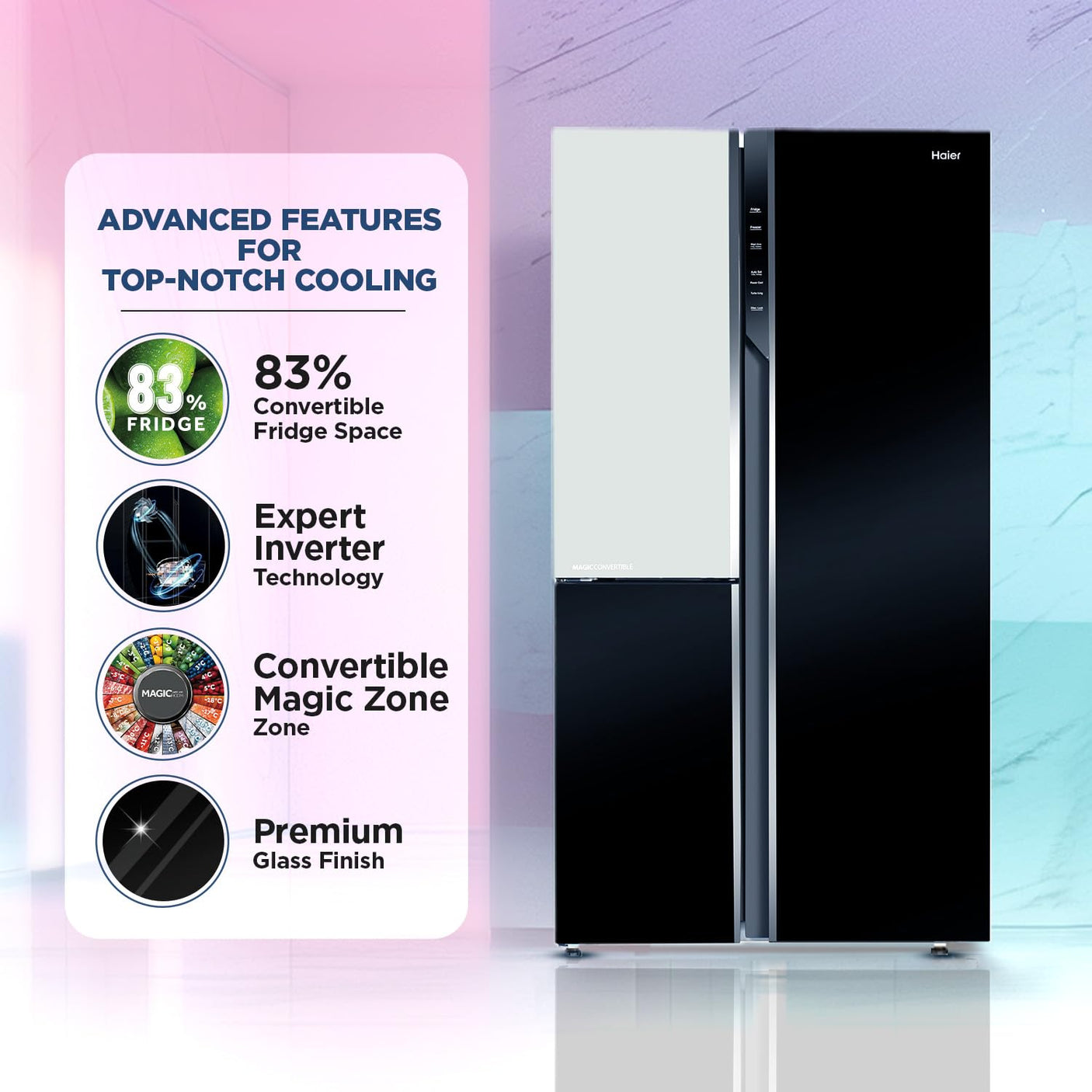 Haier 598L, 3-Star, Vogue 83% Convertible Fridge Space, Expert Inverter 3-Door Side by Side Refrigerator, (HRT-683KWG, Black White Glass)