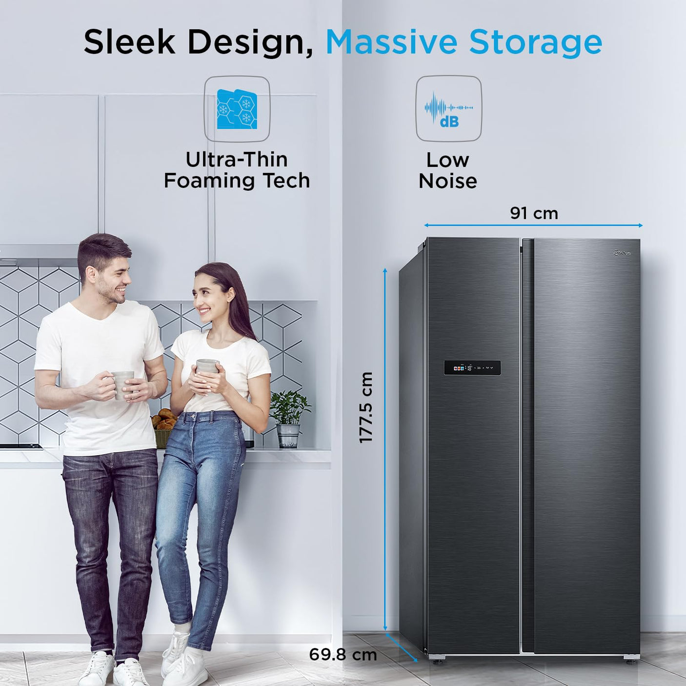 Midea 592 L Side By Side,frost free Wi-Fi Double Door Refrigerator Voice Assistant, App Control, Inverter, (MDRS791MIF28IND Jazz Black)