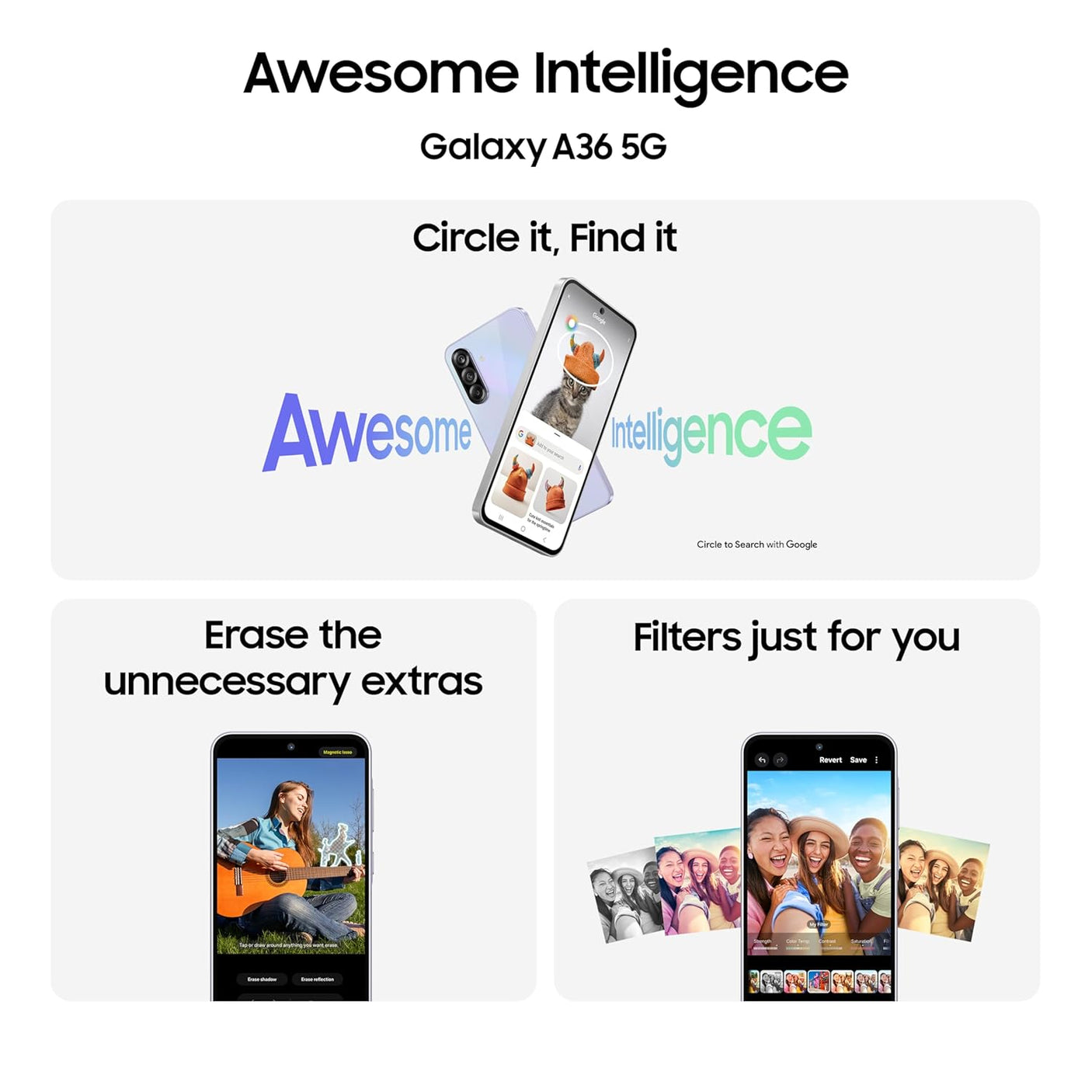 Samsung Galaxy A36 5G (Awesome Lavender, 8GB, 256GB) | Awesome Intelligence: Circle to Search, Intelligent Editing | Awesome 4nm Snapdragon Processor