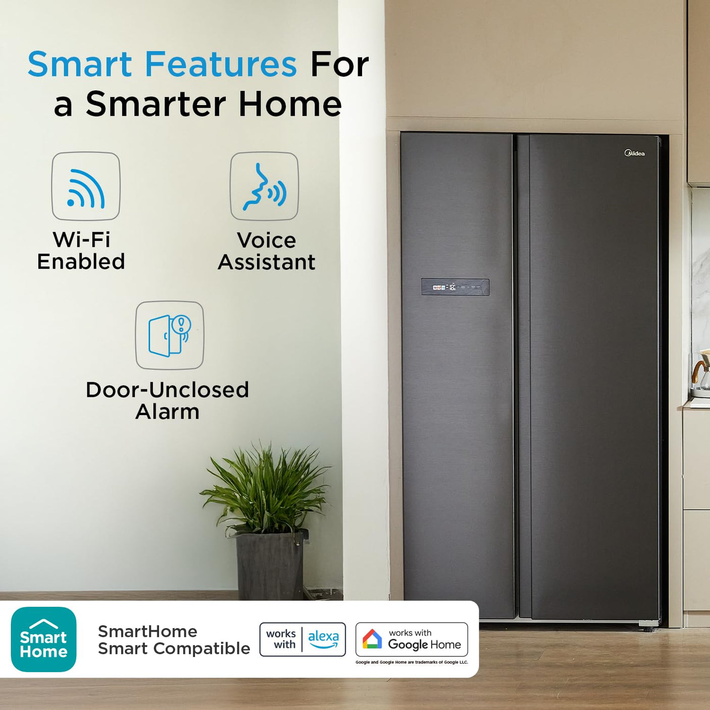 Midea 592 L Side By Side,frost free Wi-Fi Double Door Refrigerator Voice Assistant, App Control, Inverter, (MDRS791MIF28IND Jazz Black)