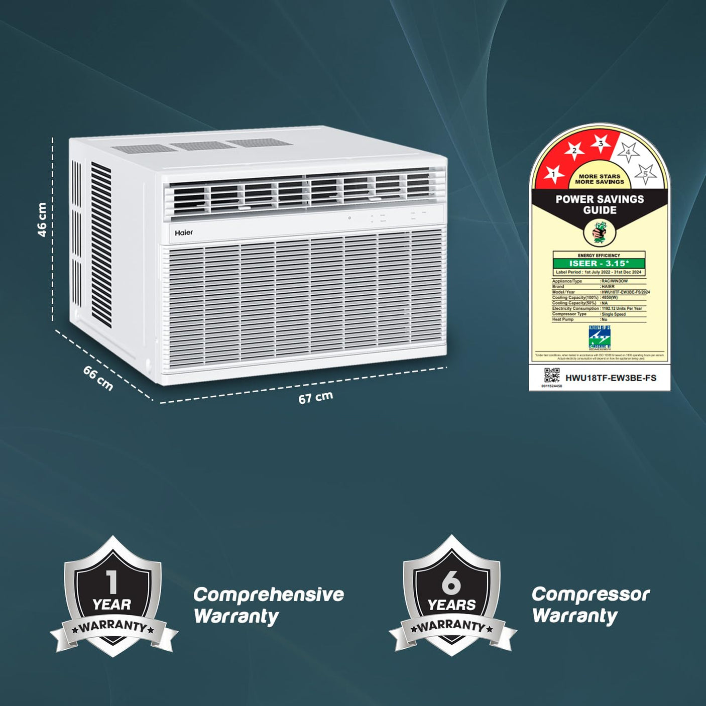 Haier 1.5 Ton 3 Star Window Fix Speed Air Conditioner (HWU18TF-EW3BE-FS,)