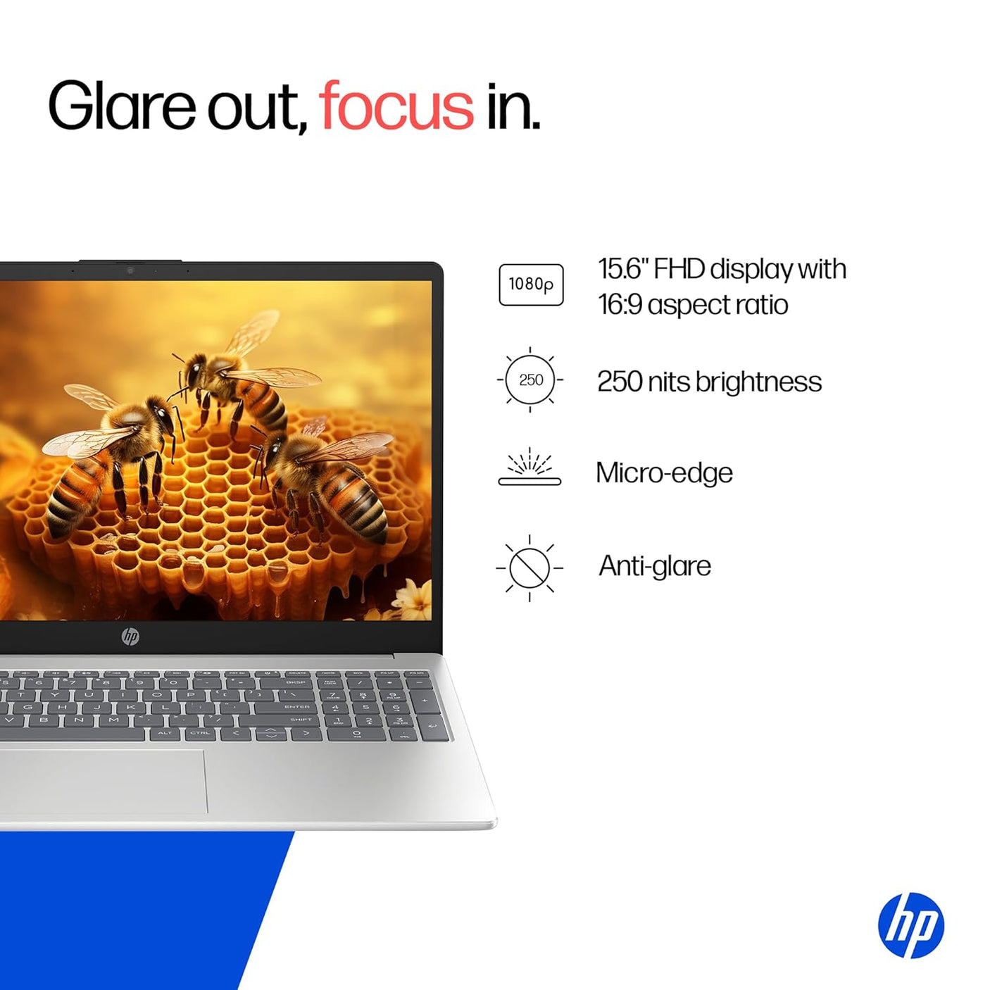 HP 15, 13th Gen Intel Core i5-1334U (16GB DDR4, 512GB SSD) Anti-Glare, Micro-Edge, 15.6''/39.6cm, FHD, Win 11, Office 24, Silver, 1.59kg, fd0467tu, Iris Xe Graphics, FHD Camera, Backlit KB Laptop