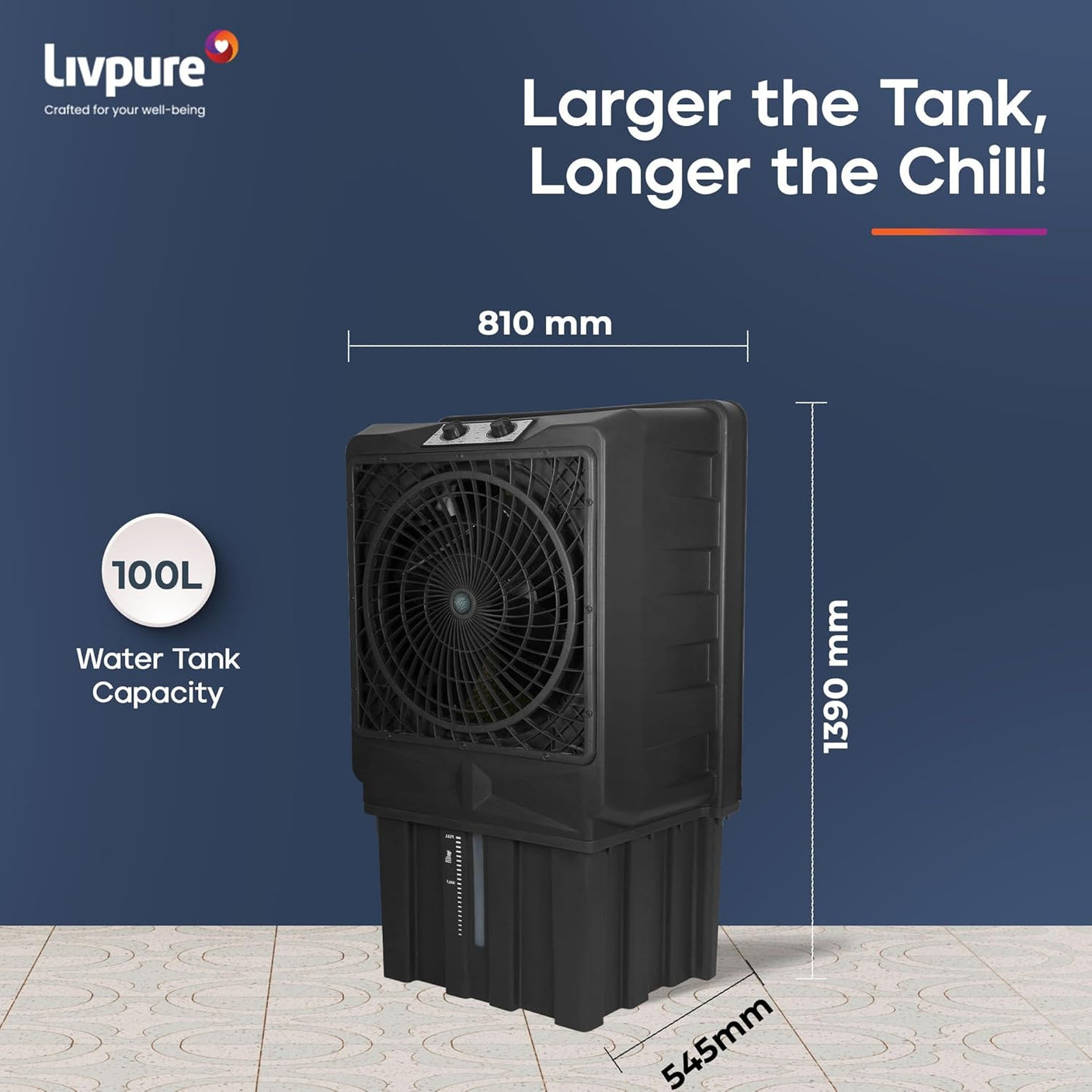 Livpure Scorpio Desert Air Cooler- 100 L | 20" Fan Blade | High Air Delivery | Water Level Indicator | Anti-Bacterial Honeycomb Pad