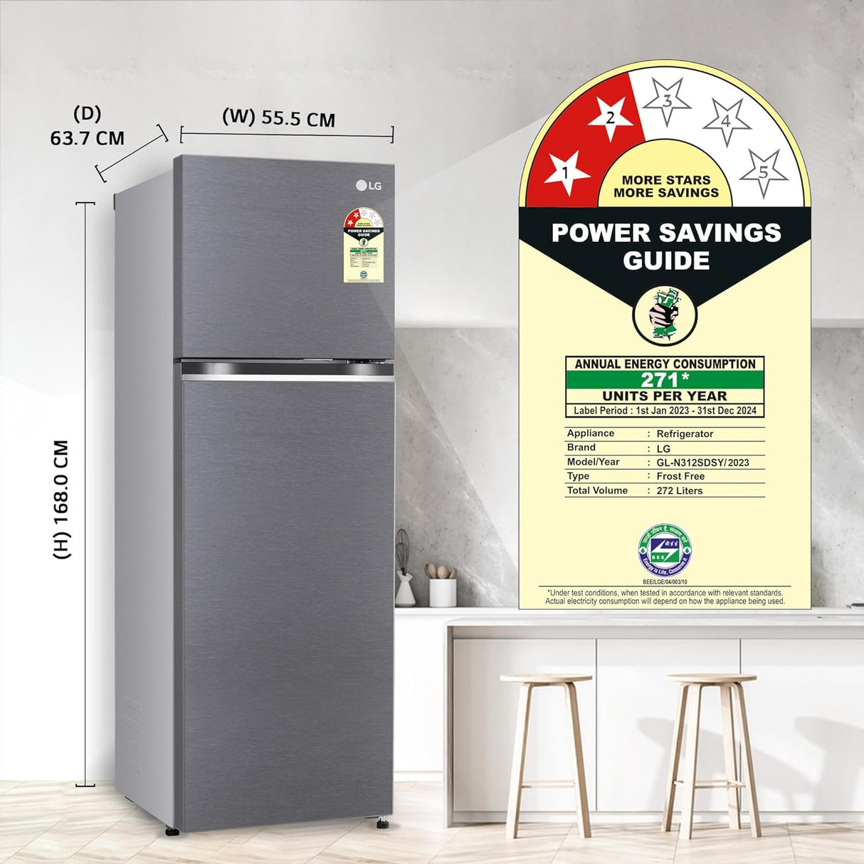 LG 272 L 2 Frost-Free Smart Inverter Compressor Double Door Refrigerator (GL-N312SDSY, Dazzle Steel, , 2023 Model)