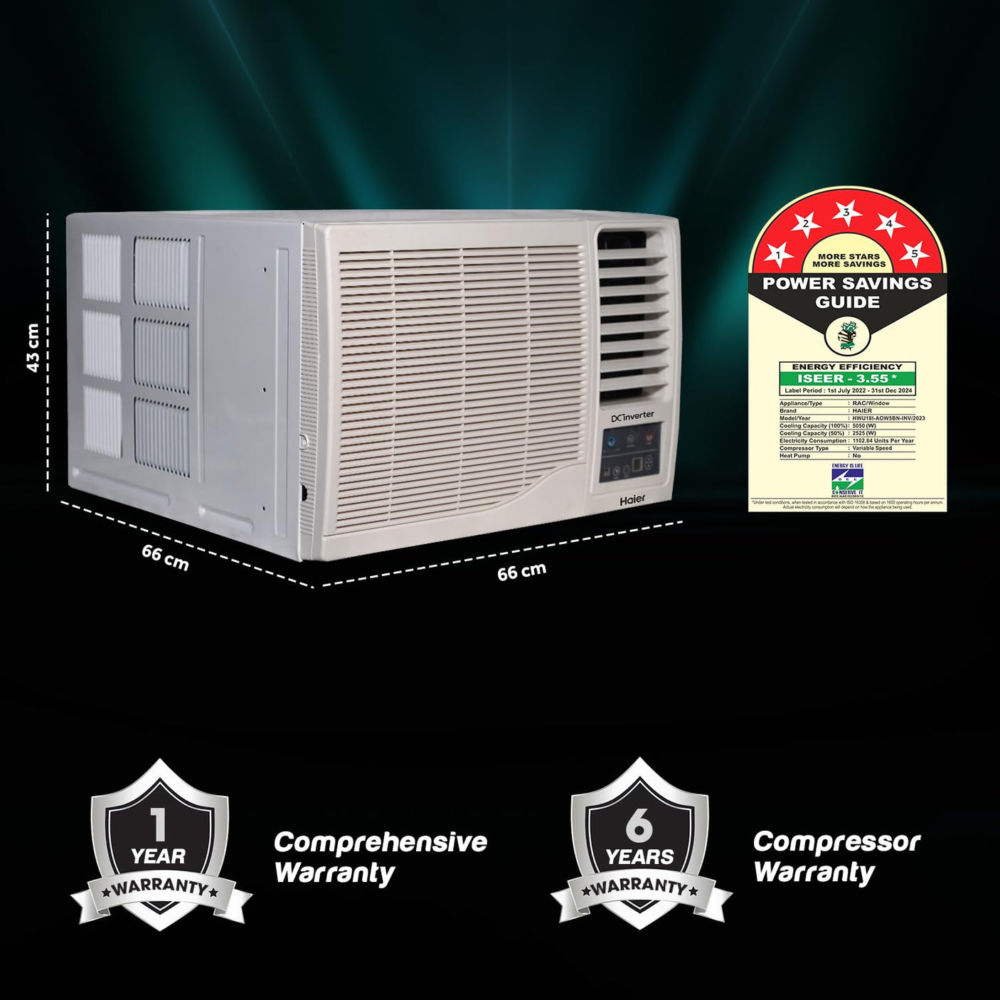 Haier 1.5 Ton 5 Star Window Inverter Air Conditioner HWU18I-AOW5BN