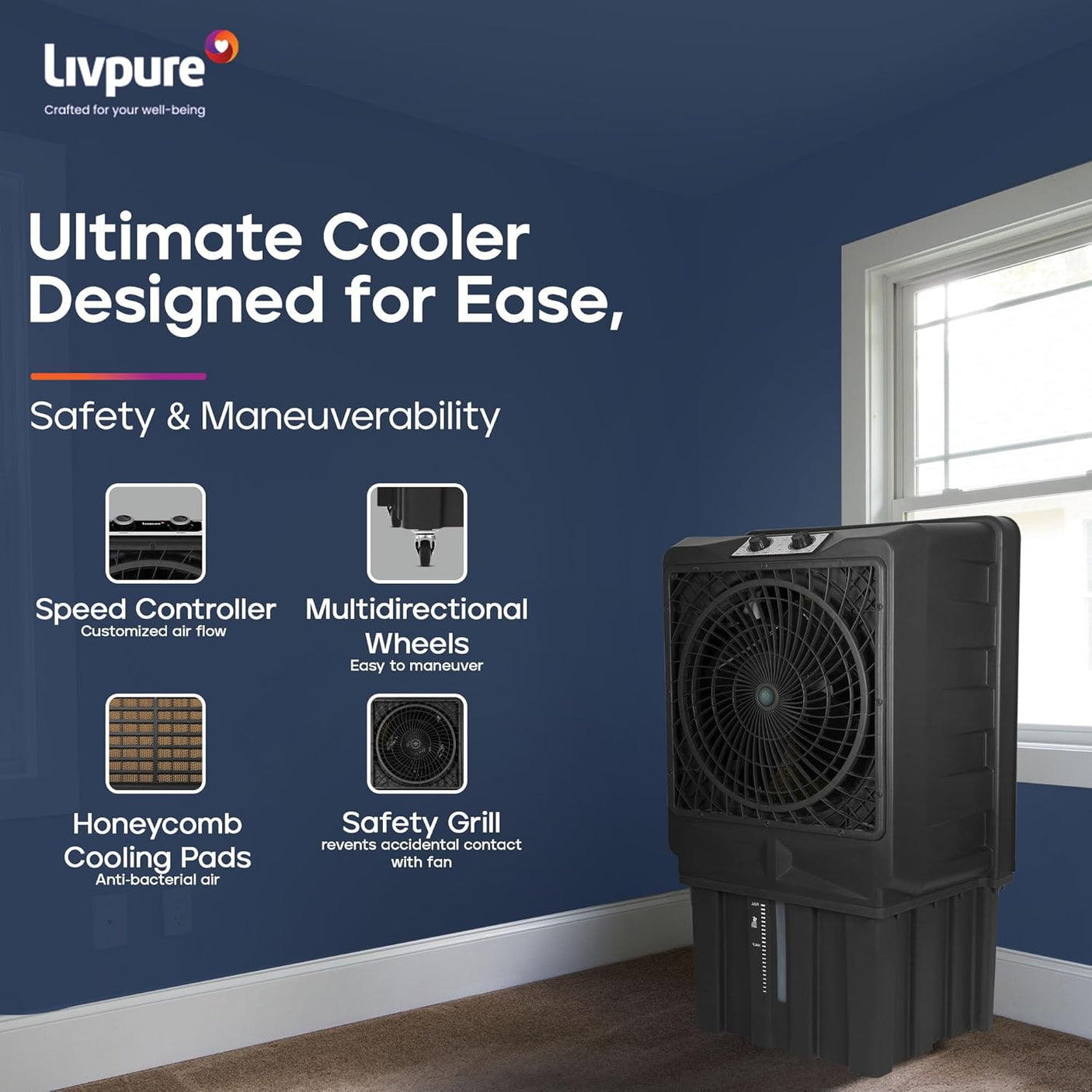 Livpure Scorpio Desert Air Cooler- 100 L | 20" Fan Blade | High Air Delivery | Water Level Indicator | Anti-Bacterial Honeycomb Pad