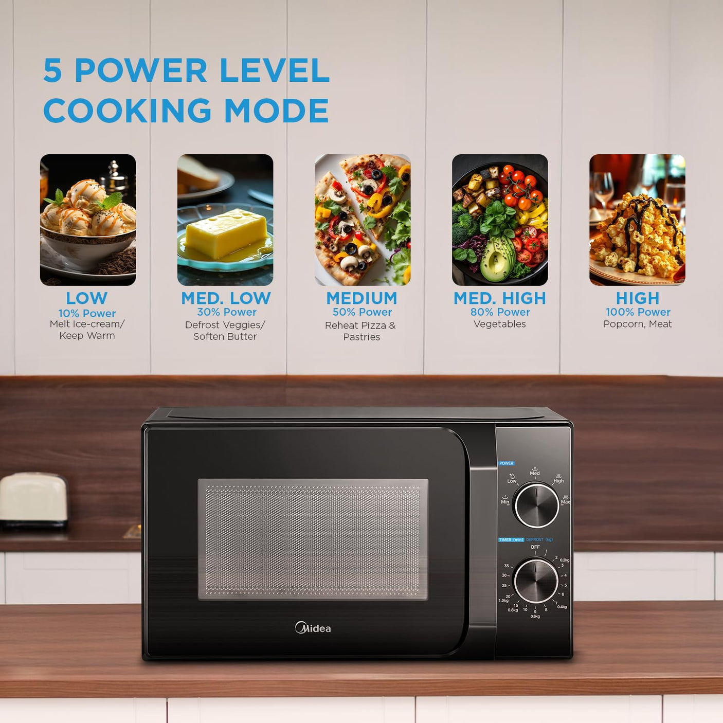 Midea 20L Solo Microwave Oven (MMO20CXA-MMPEBK, Black, 5 power levels & Defrost function)