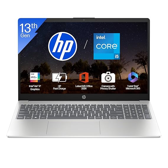 HP 15, 13th Gen Intel Core i5-1334U (16GB DDR4, 512GB SSD) Anti-Glare, Micro-Edge, 15.6''/39.6cm, FHD, Win 11, Office 24, Silver, 1.59kg, fd0467tu, Iris Xe Graphics, FHD Camera, Backlit KB Laptop