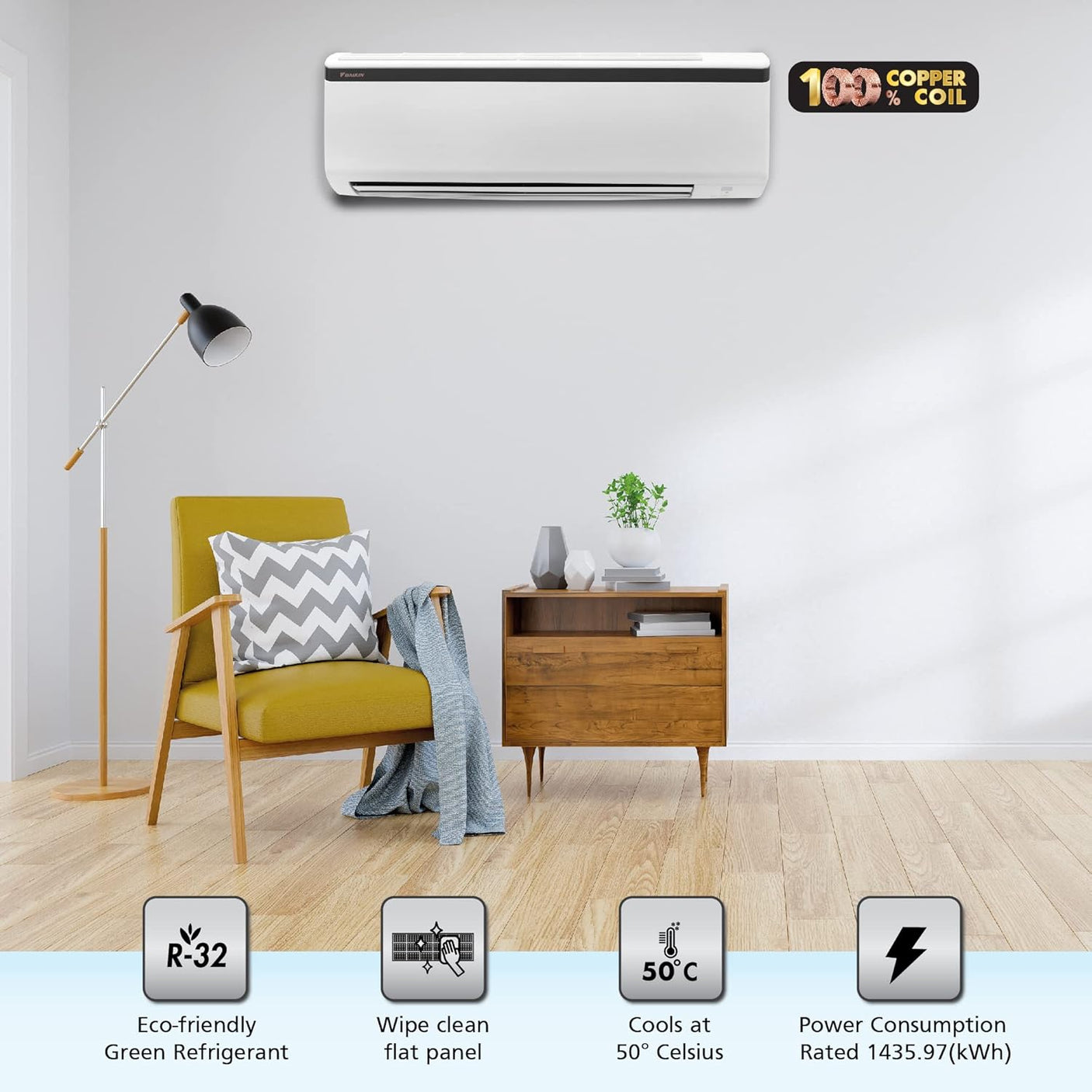 Daikin 1.8 Ton 1 Star Fixed Speed Split AC (Copper, Anti Bacterial Filter, GTE60UV16U2, White)