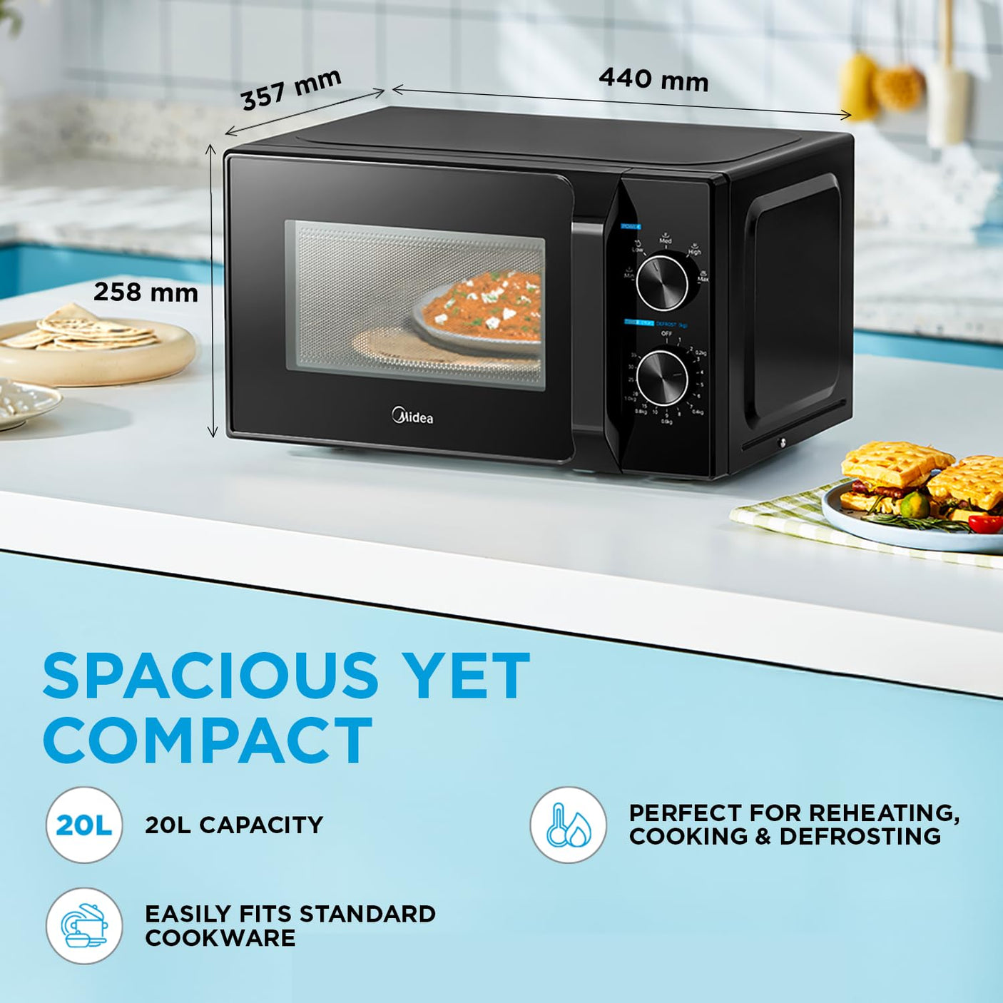 Midea 20L Solo Microwave Oven (MMO20CXA-MMPEBK, Black, 5 power levels & Defrost function)