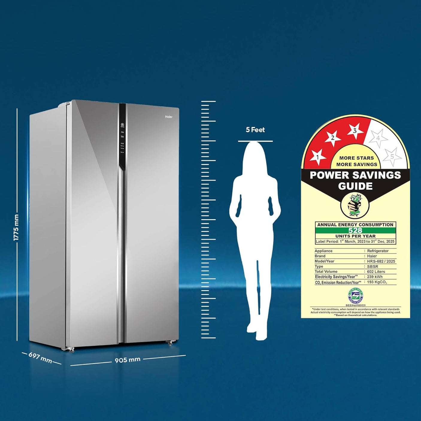 Haier 596 L, Wi-Fi enabled 3 Star, 2-Door Side by Side Refrigerator with 100% Convertible Fridge Space & Expert Inverter Technology (HRS-682PMGU1, Mirror Glass, 2025 Model)