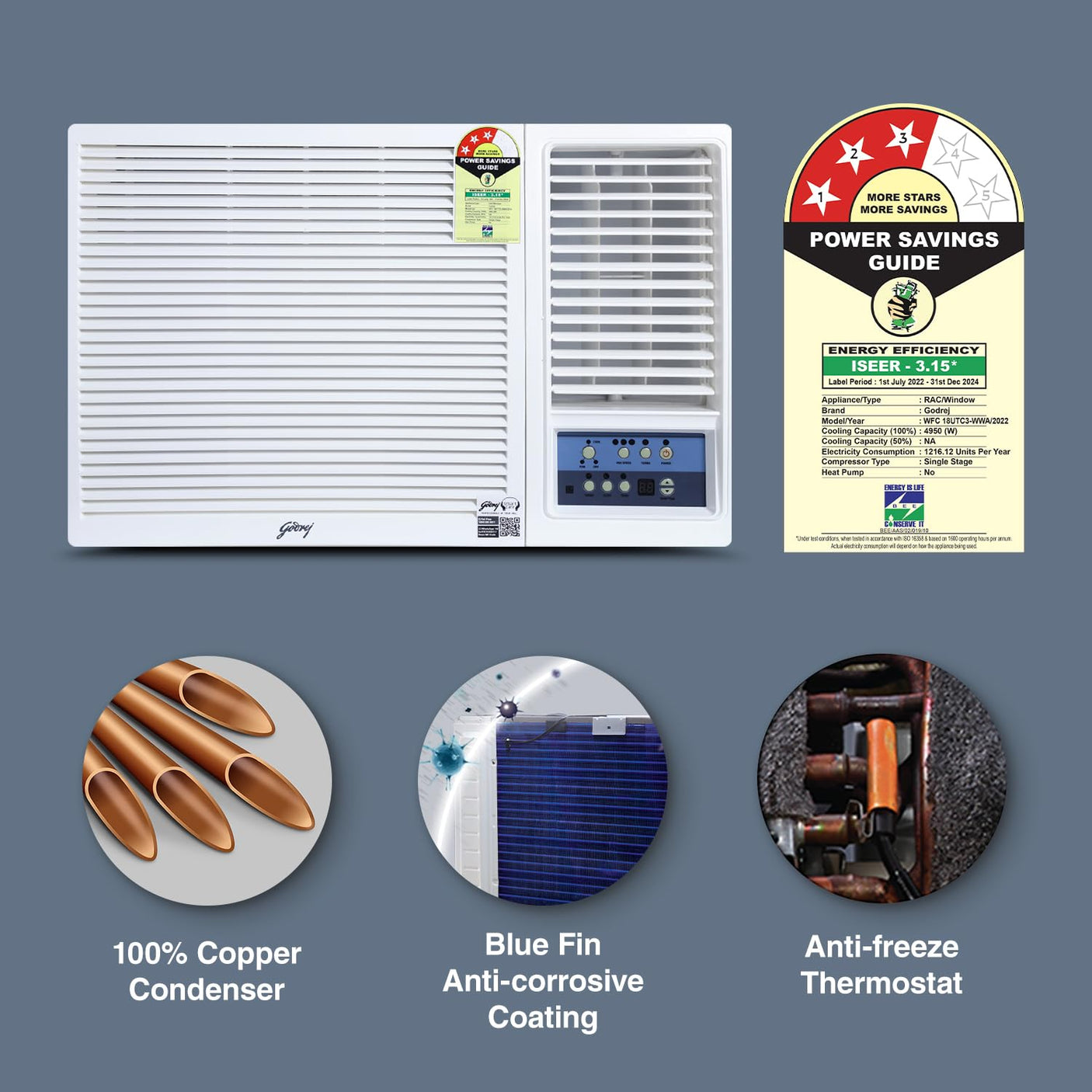 Godrej 1.5 Ton 3 Star, Turbo Mode Window AC (Copper, Anti-Dust Filter, Anti-Freeze Thermostat, AC 1.5T WFC 18UTC3-WWB Window, White)