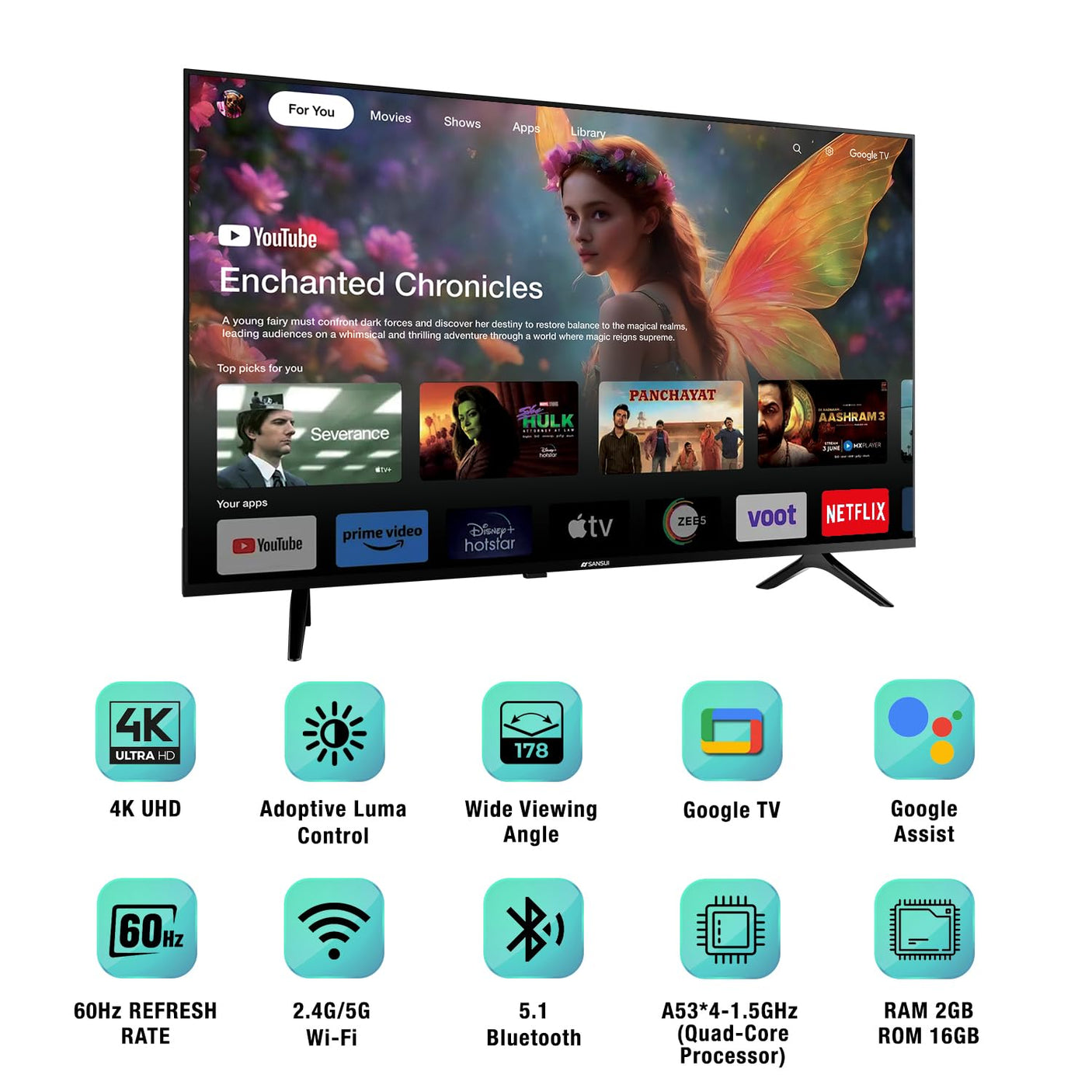 Sansui 55 inch (139 cm) 4K Ultra HD Smart LED TV with Dolby and DTS Audio, Google TV, Google Assistant | JSW55GSUHD (2024 Model Edition)