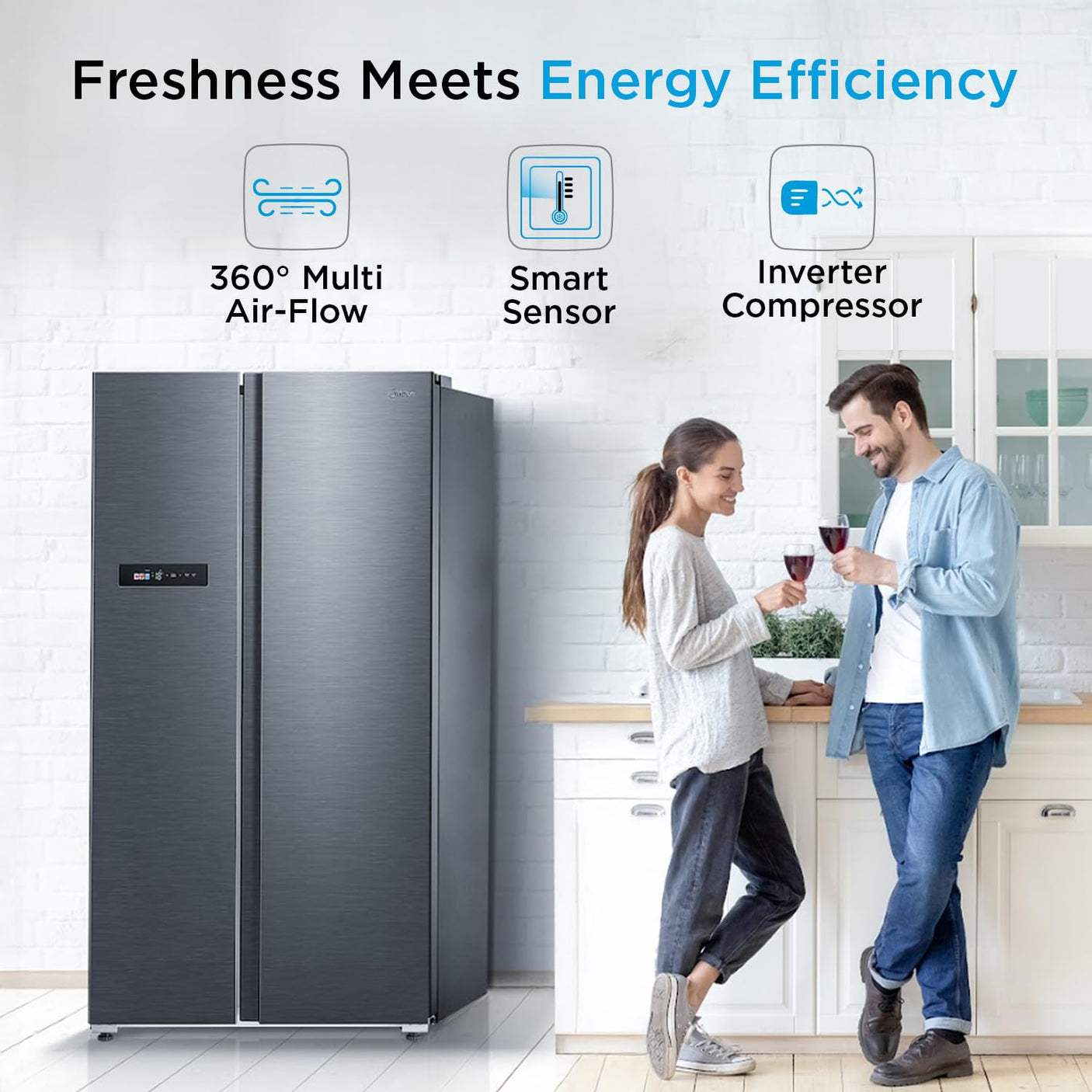 Midea 592 L Side By Side,frost free Wi-Fi Double Door Refrigerator Voice Assistant, App Control, Inverter, (MDRS791MIF28IND Jazz Black)