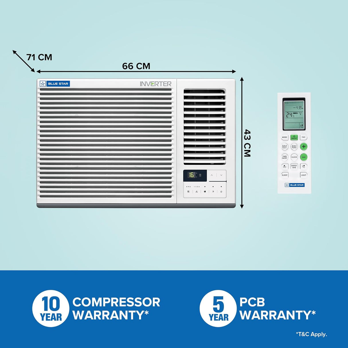 Blue Star 1.5 Ton 3 Star Inverter Window AC WIA318GXU | Copper Condenser | 2-Way Swing | Multi Sensors | Self Diagnosis | Blue Fins | White