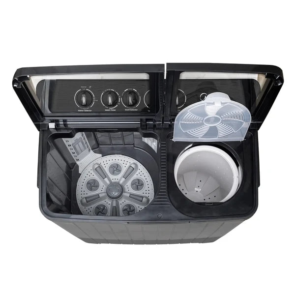 Midea MWMSA120GDX 12 Kg Semi-Automatic Twin Tub Washing Machine | Dual Wave Pulsator, Glass Lid, Black/Grey