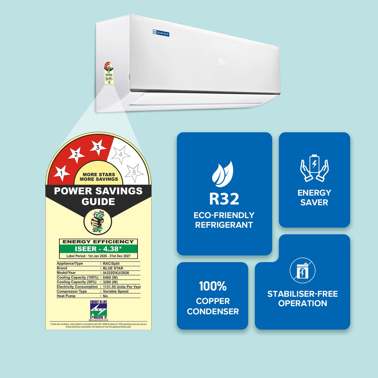 Blue Star 2 Ton 3 Star Split Inverter Air Conditioner 2026 Model IA322DXU – Copper Condenser, Energy Efficient Cooling, White