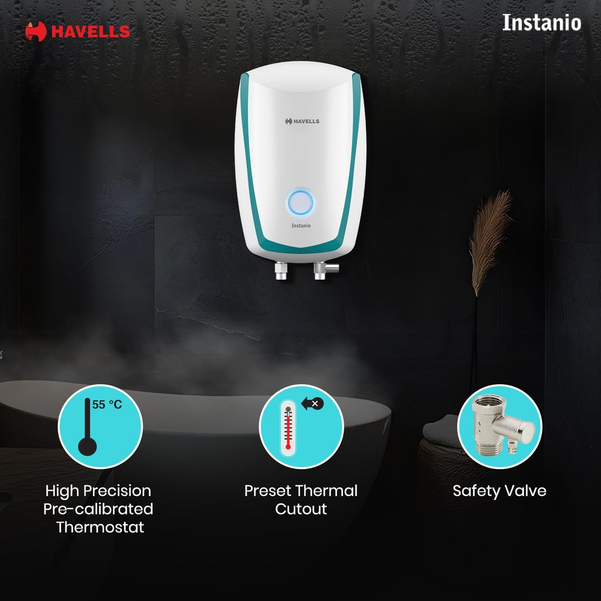 Havells Instanio 3L Instant Water Heater(Geyser)| Temp. Sensing LED Indicator| Rust & Shock Proof Body| ISI Marked|Warranty: 5 year on Inner Tank| High Rise Compatible (White Blue)