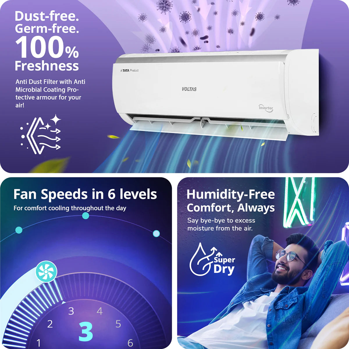 Voltas 1 Ton 3 Star Inverter Split AC Vertis Elite (123INV) | Energy Efficient Air Conditioner | Turbo Cooling | Low Noise | Copper Condenser