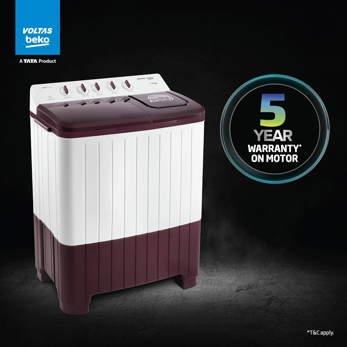 Voltas Beko, A Tata Product 7 Kg 5 Star Semi-automatic Top Load Washing Machine with PureStream Pulsator Wash Technology (WTT70UHA/OK5R0R0W01, Burgundy, 5 Knob Control Method)