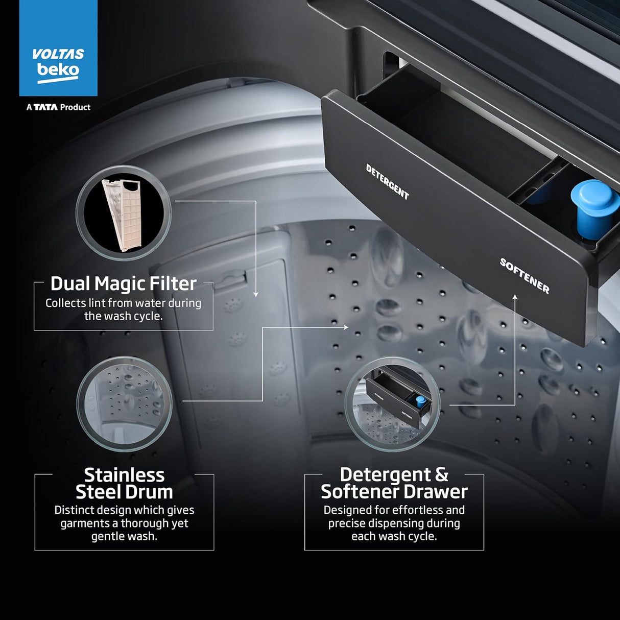Voltas Beko 9 kg Top Load Washing Machine | WTL9006UEAH/DPB0HD | Double Waterfall Technology