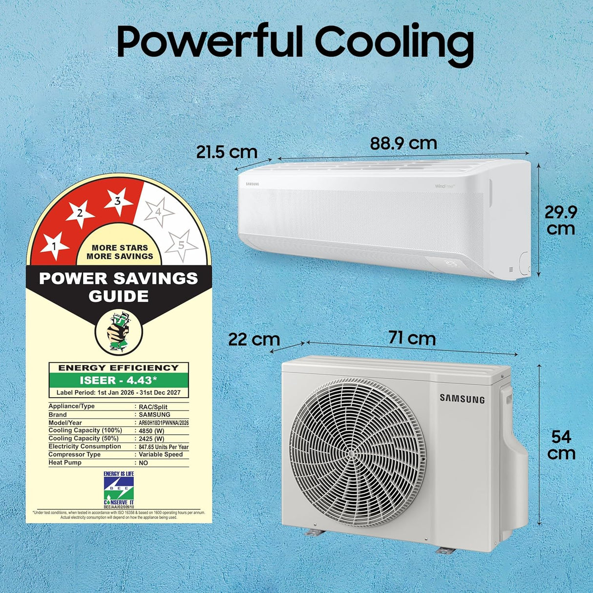 Samsung 1.5 Ton 3 Star Bespoke AI WindFree Inverter Smart Split AC (2026 Model, WiFi, Voice Control, Digital Inverter, 4-Way Swing, 5-Step Convertible, Powerful Cooling – AR60H18D1PWNNA)