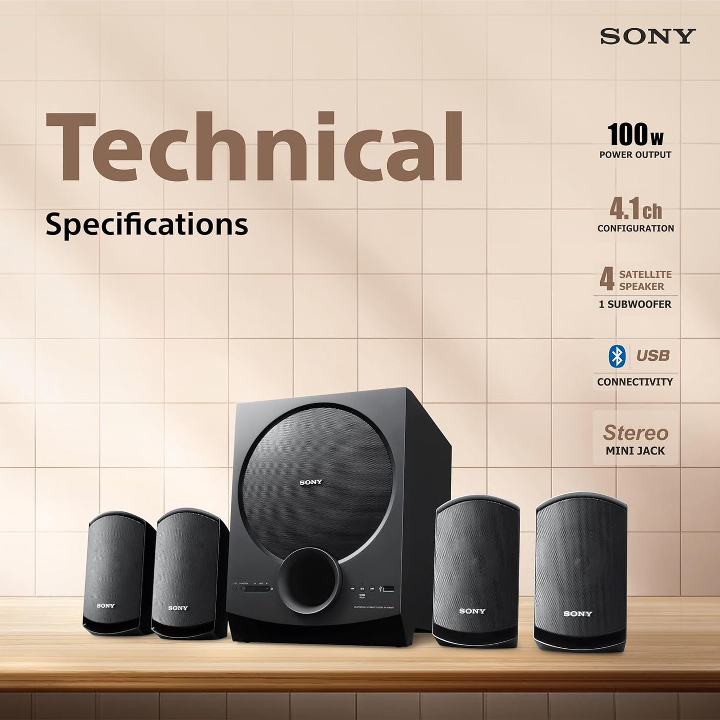 Sony New SA-D40M2 4.1ch Home Theatre/PC Speaker System with 100W Power Output and Powerful Subwoofer - Black
