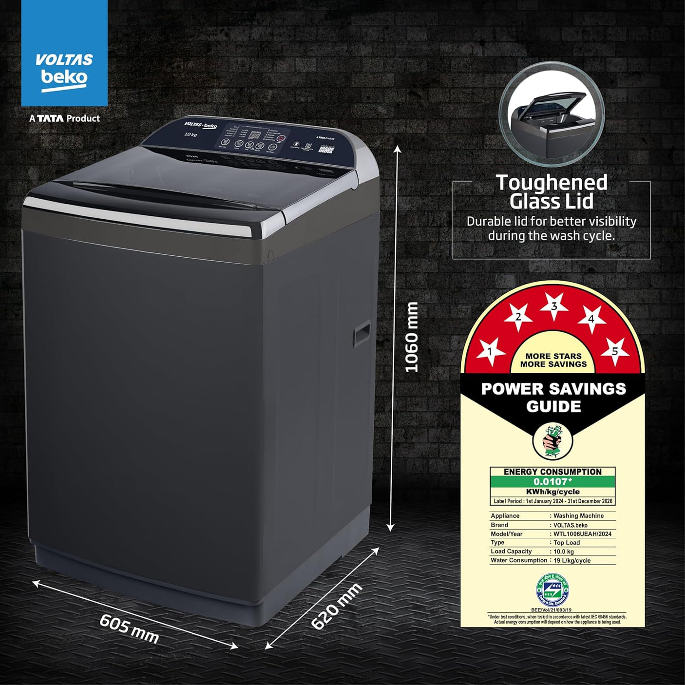 Voltas Beko, A Tata Product 10 Kg 5 Star Fully-Automatic Top Loading Washing Machine (WTL1006UEAH/OBS3060, Dark Grey, Inbuilt Heater)