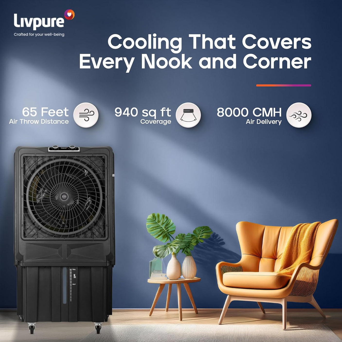 Livpure Scorpio Desert Air Cooler- 100 L | 20" Fan Blade | High Air Delivery | Water Level Indicator | Anti-Bacterial Honeycomb Pad