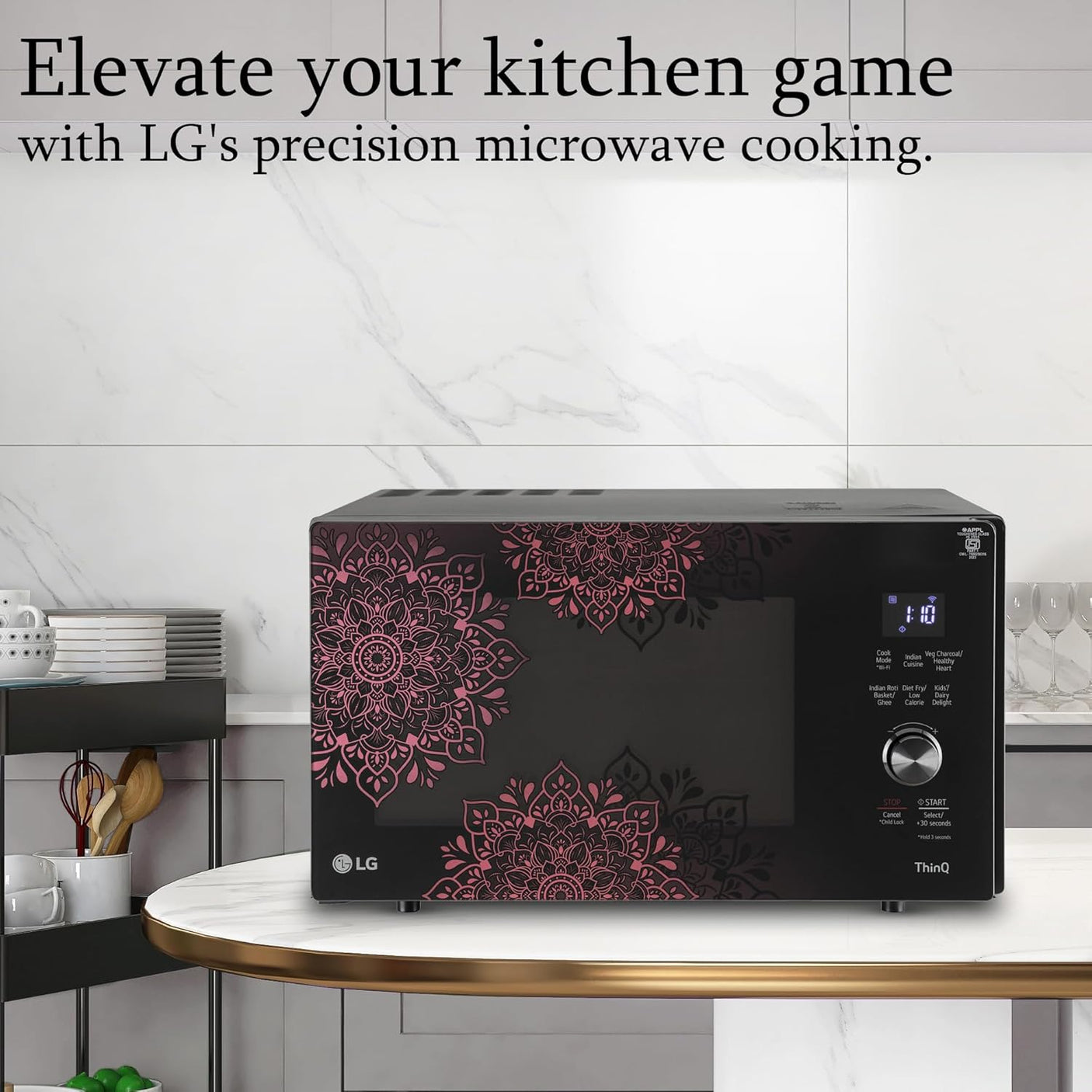 LG 28 L Scan to Cook Wi-Fi Enabled Charcoal Convection Microwave Oven (MJEN286VIW, Black, Stainless steel cavity, Heart Friendly Recipes, Ghee, Diet Fry & 360° Motorised Rotisserie for Bar-be-queing)