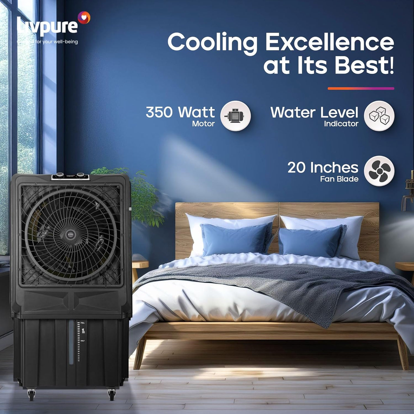 Livpure Scorpio Desert Air Cooler- 100 L | 20" Fan Blade | High Air Delivery | Water Level Indicator | Anti-Bacterial Honeycomb Pad
