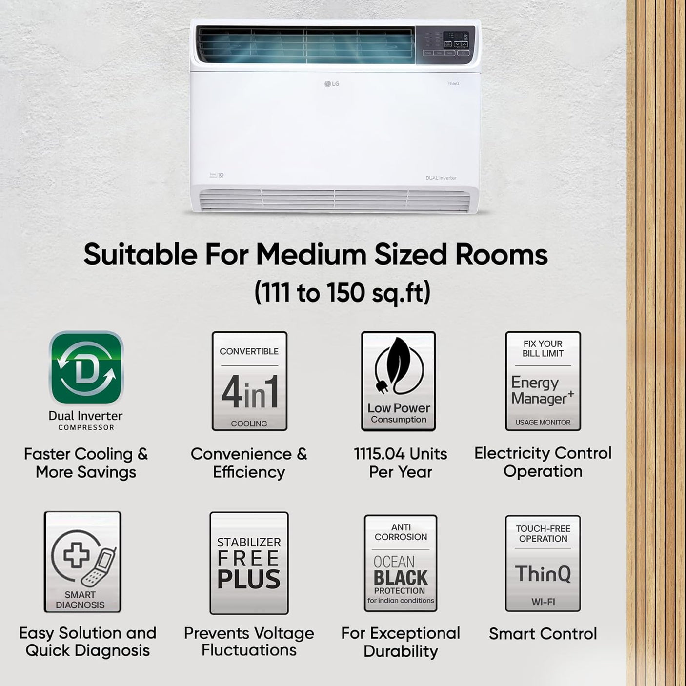 LG 1.5 Ton 3 Star Wi-Fi DUAL Inverter Window AC (Copper, Convertible 4-in-1 cooling, 4 Way Air Swing, HD Filter, UW-Q18WWXA, White)