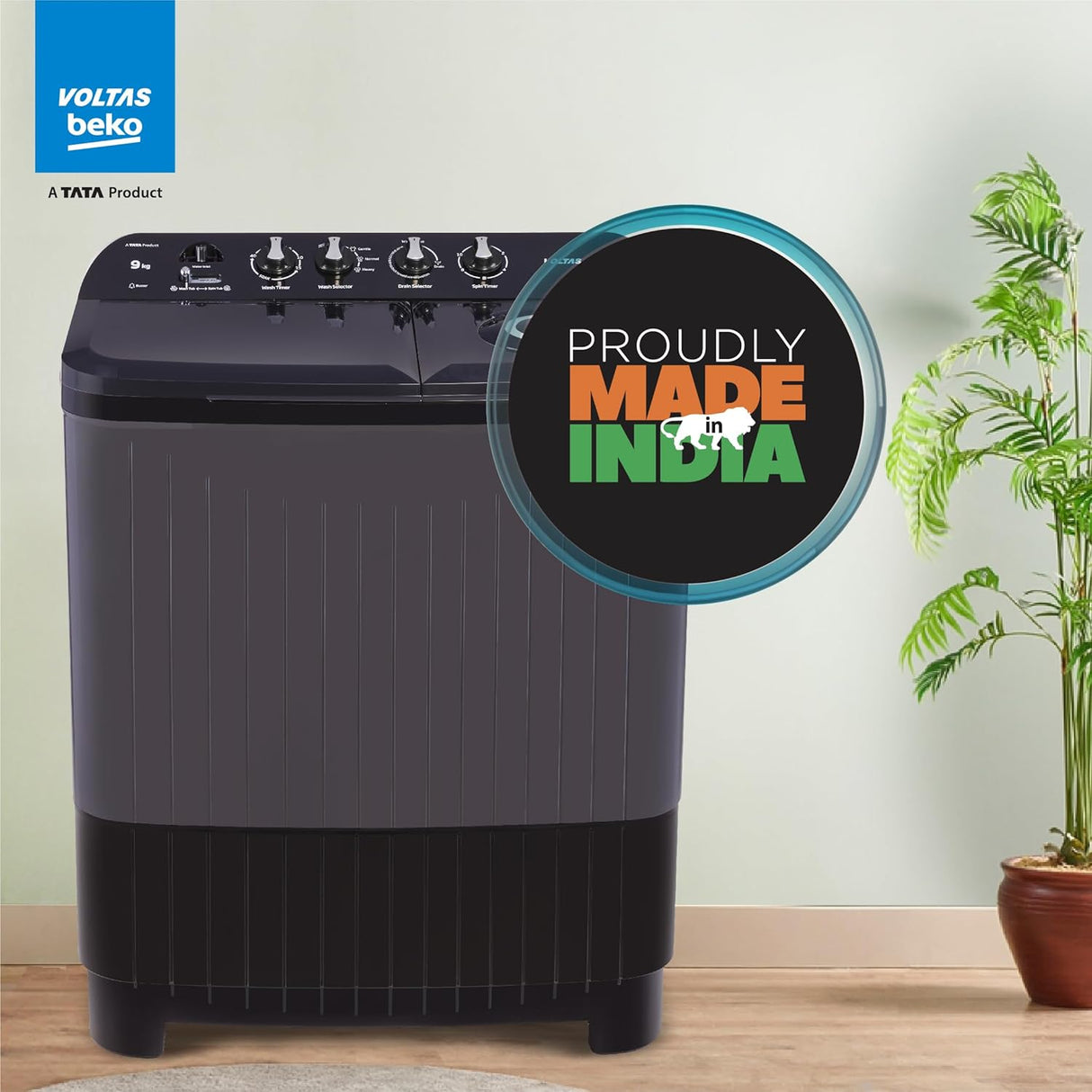 Voltas Beko 9 Kg 5-Star Semi-Automatic Twin Tub Top Load Washing Machine | Special Pulsator Wash (WTT90UDX, Black)