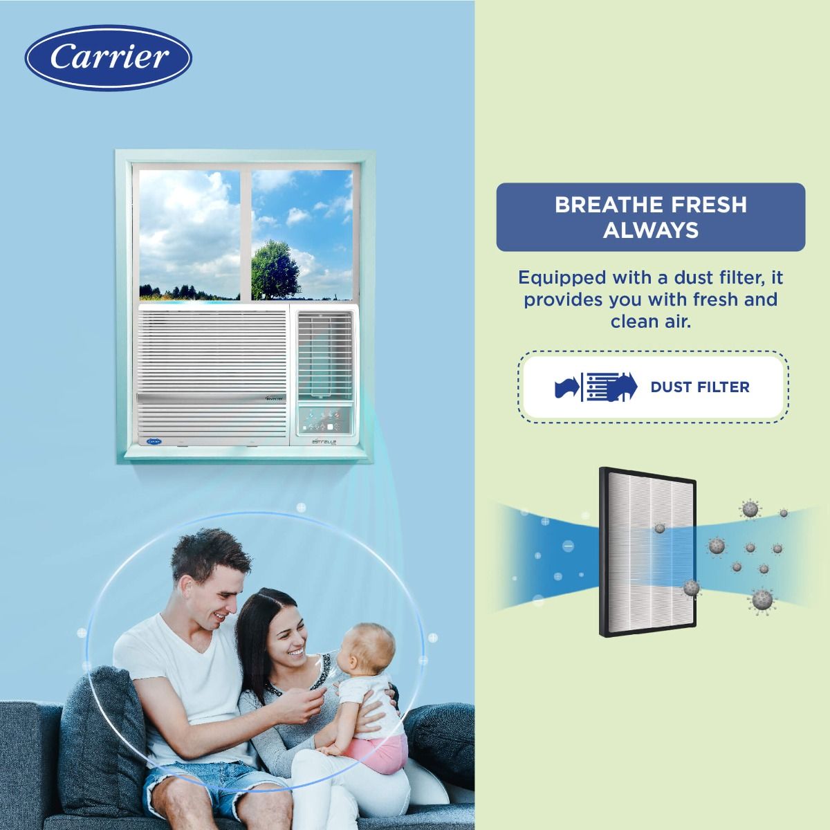 Carrier 1.5Ton 3 Star Window Inverter AC( Copper, Dust Filter, Estrella Exi White)