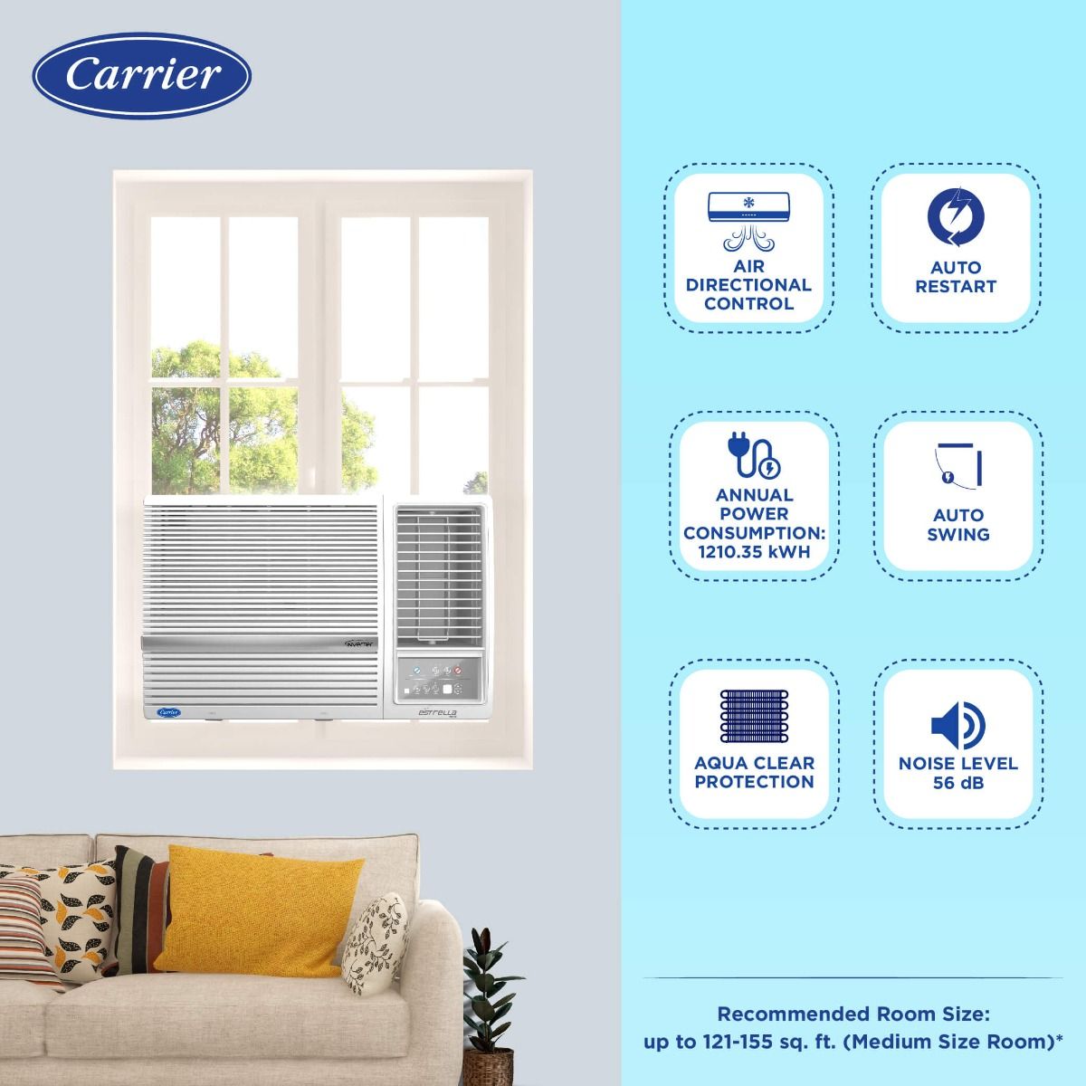 Carrier 1.5Ton 3 Star Window Inverter AC( Copper, Dust Filter, Estrella Exi White)