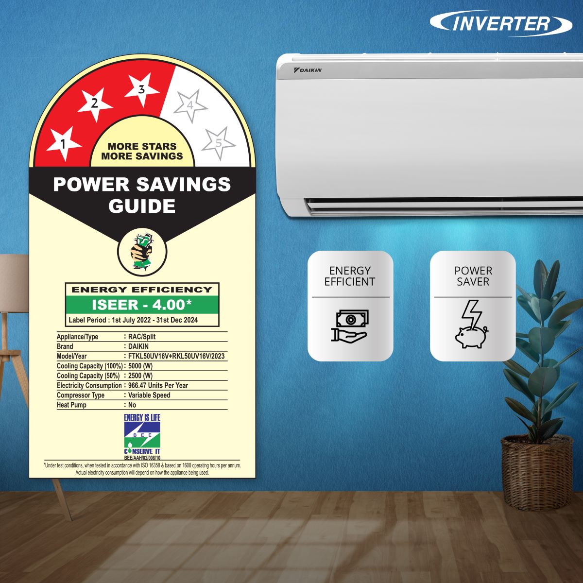 Daikin 1.5 Ton 3 Star Inverter Split Ac FTKL50UV16