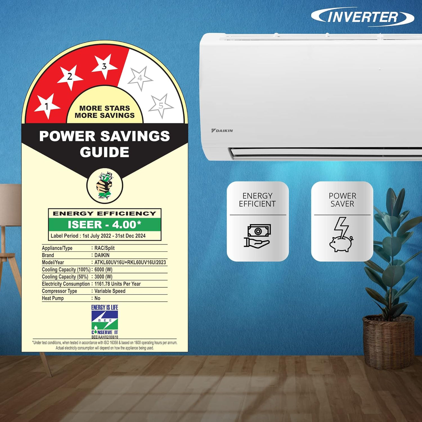 Daikin 1.8 Ton 3 Star Inverter Split AC (Copper, Anti Bacterial Filter, ATKL60UV16U, White)