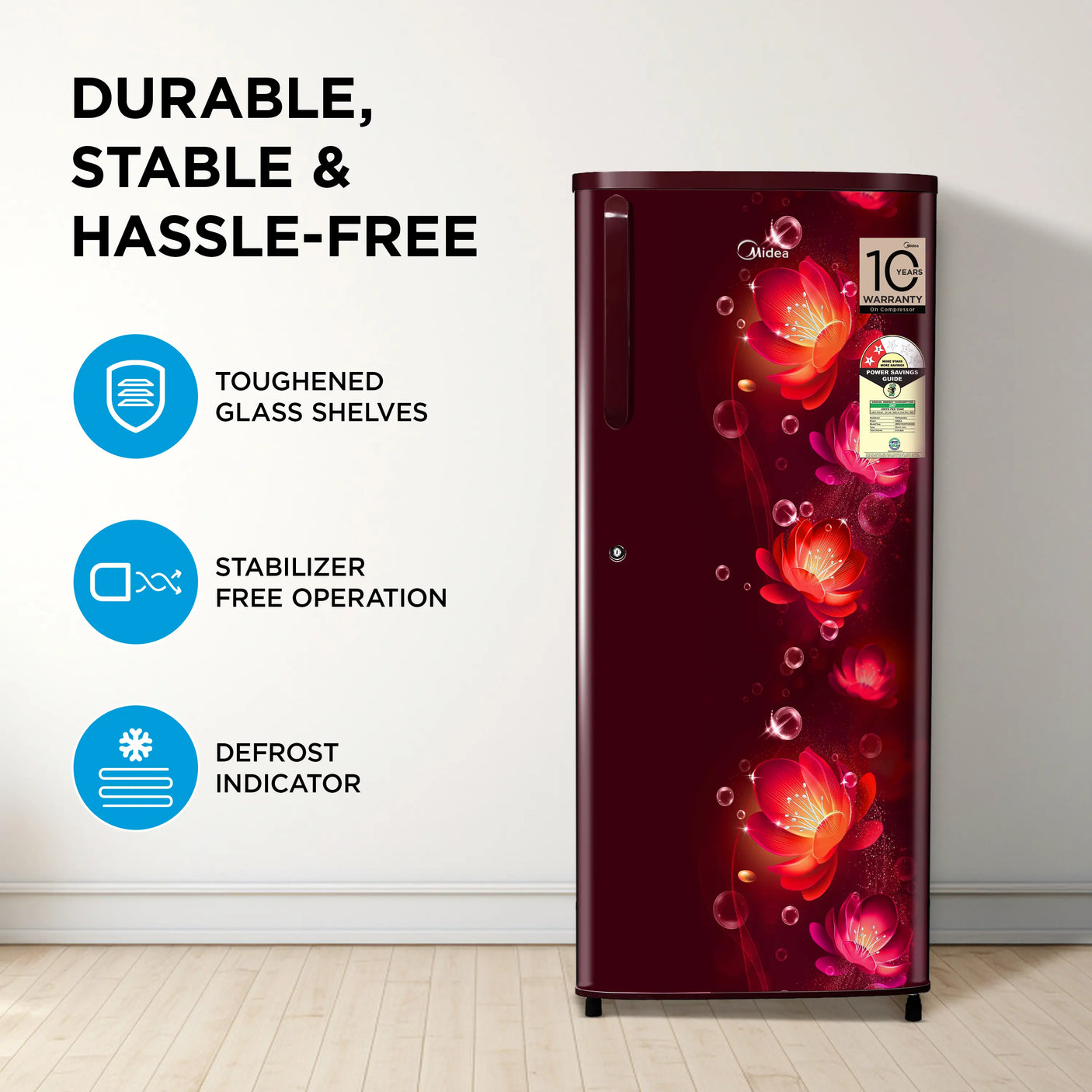 Midea 215L Direct Cool Refrigerator (2 Star, Wine Flower, Handle)