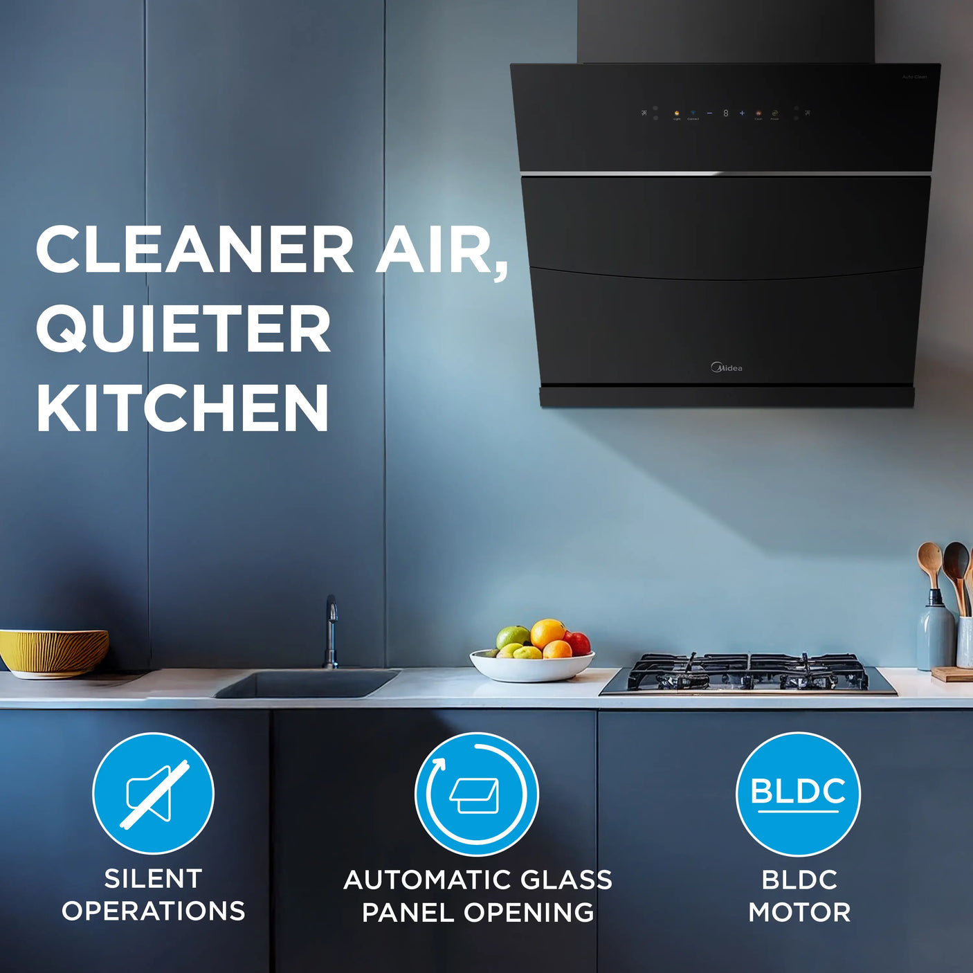 Midea Kitchen Chimney with 1800 m3/hr air suction, Slant, BLDC Motor, 60 CM with WiFi, Intelli Auto Clean, Multi Speed Control, MH60J63ET25BF