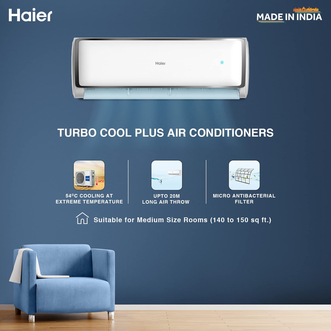 Haier 1.6 Ton 3 Star Split AC: Copper, Antibacterial Filter  (HS19T-TXS3BE-FS)